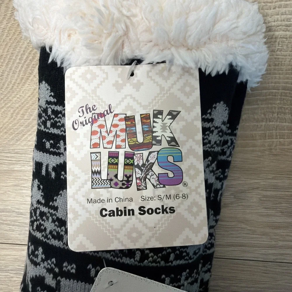 MUK LUKS Womens Cabin Socks Size S/M 6-8 Black Fair Isle Jojoba Infused NWT